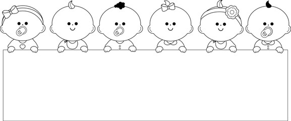 Diverse group of babies and blank banner. Cute baby girls and boys holding a blank sign. Vector black and white coloring page.