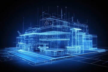 3D Industrial Building Holographic Blueprint Design. 