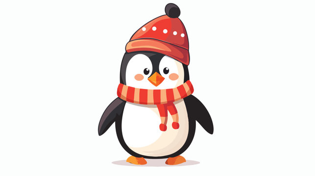 Cartoon penguin wearing hat and scarf flat vector isolated