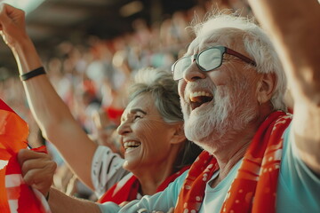 An elder couple cheering on a match in a stadium with raised hands