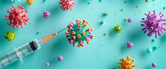 A needle with syringe in the foreground and colorful stylized virus particles on blue background.  corona virus with syringe needle close up