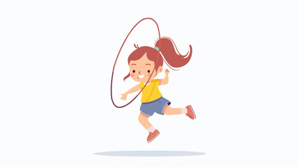 Cartoon little girl playing jumping rope flat vector - obrazy, fototapety, plakaty