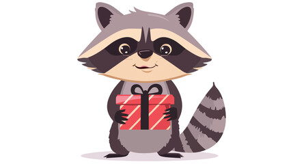Cartoon raccoon holding a gift box flat vector isolated