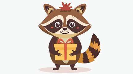Cartoon raccoon holding a gift box flat vector isolated