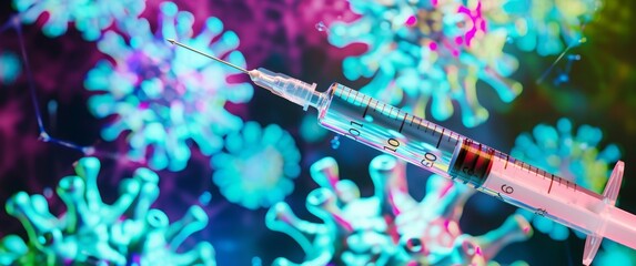 A needle with syringe in the foreground and colorful stylized virus particles on blue background.  corona virus with syringe needle close up - obrazy, fototapety, plakaty