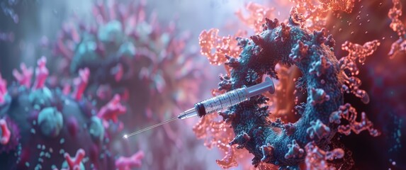 A needle with syringe in the foreground and colorful stylized virus particles on blue background.  corona virus with syringe needle close up