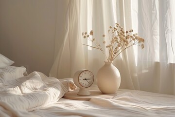 A detailed shot of a minimalist bedside table in a Scandinavian bedroom, modern clock and a vase with a few stems of dried flowers. - obrazy, fototapety, plakaty