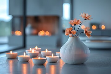 An intimate close-up shot of a minimalist coffee table vignette, candles and a small, elegant vase with a single bloom. 
