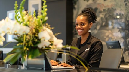 Smiling reception behind front desk