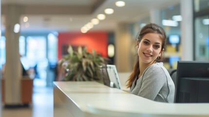 Smiling reception behind front desk