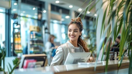 Smiling reception behind front desk