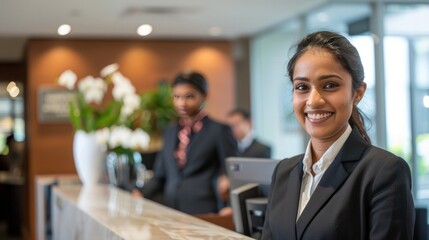 Smiling reception behind front desk