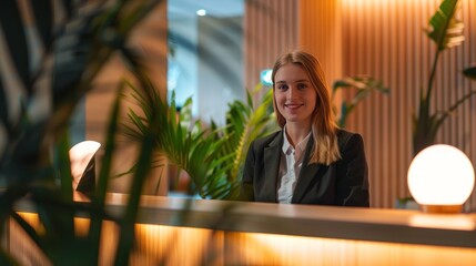 Smiling reception behind front desk