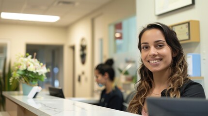 Smiling reception behind front desk