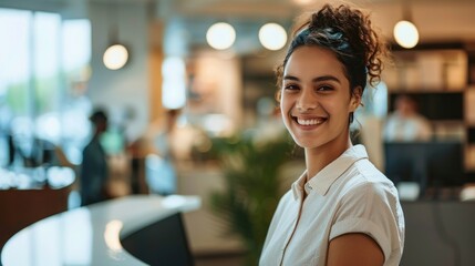 Smiling reception behind front desk