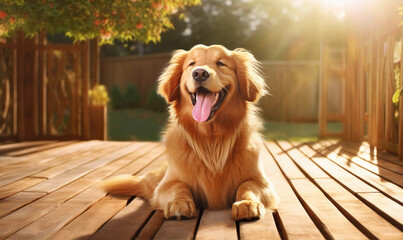 Happy dog on wooden terrace. - obrazy, fototapety, plakaty