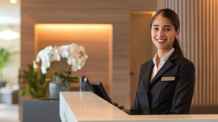 Smiling reception behind front desk