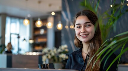 Smiling reception behind front desk