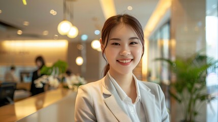 Smiling reception behind front desk