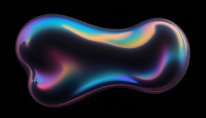 Bold holographic liquid blob shape isolated. Iridescent wavy melted substance on black background