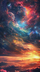 A colorful space scene with a bright orange sun in the background