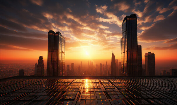 Skyscrapers in futuristic city with amazing sunrise.