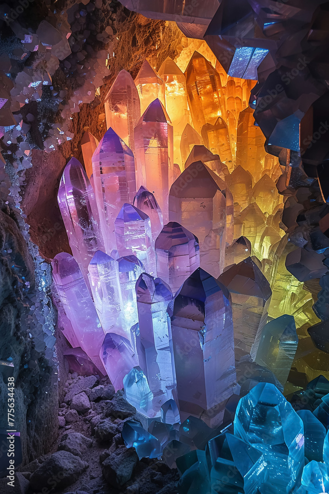 Canvas Prints a cluster of crystals in a cave with a rainbow of colors