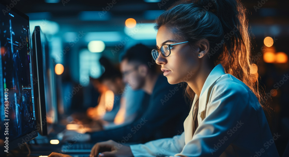 Poster focused female software developer working on computer in a busy office, writing code and solving com
