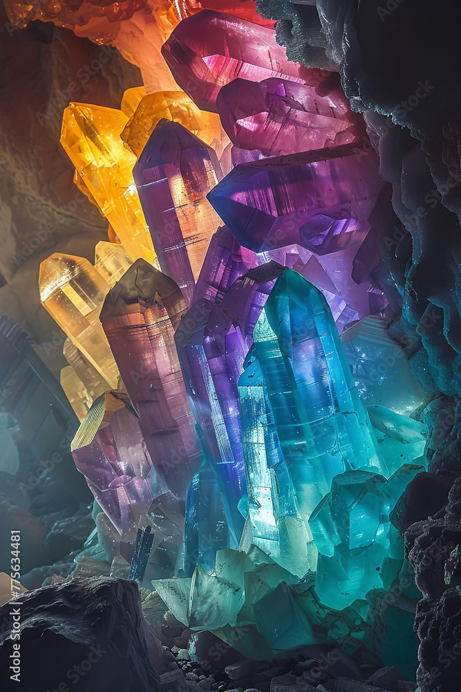 Poster a cluster of colorful crystals are displayed in a cave