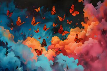 a painting of many orange butterflies flying in the air over a blue and pink cloud filled with pink and orange smoke and light, with a black background of blue and pink. - obrazy, fototapety, plakaty