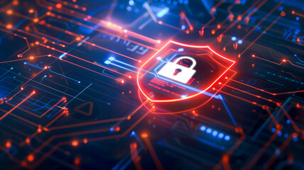 Obraz premium Cyber security technology concept padlock icon surrounded by glowing lines on a digital circuitry background.