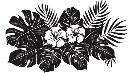 Black and white tropical bouquet. Large ornamental le - obrazy, fototapety, plakaty