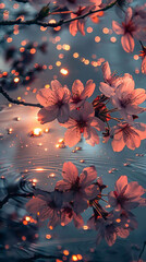 A close up of a tree with pink flowers and water droplets