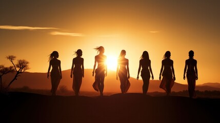 Silhouettes of african aborigines at sunset. Female tribe members