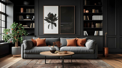 Modern living room interior design of a farmhouse home. Against a black wall with bookcases and posters, there is a rustic accent barn wood coffee table next to a grey sofa with terracotta pillows. - obrazy, fototapety, plakaty