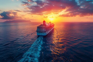 Cruise Ship Sailing in the Ocean at Sunset