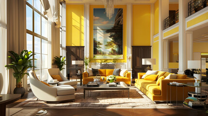Modern living room interior design with yellow walls in a farmhouse art deco property.