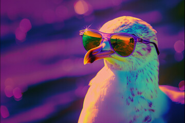 A seagull with sunglasses, colors are purple and green