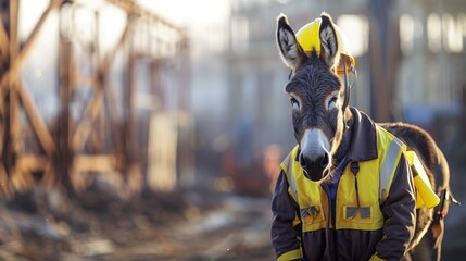 Against the blurred outlines of a construction site, a donkey in a safety jacket and yellow helmet stands alert, epitomizing the essence of World Safety Day.