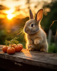 Fototapeta premium A fluffy bunny rabbit sits next to a tomato.