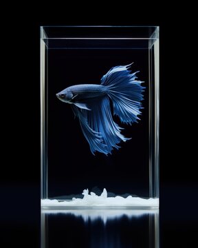 A blue betta fish in a clear rectangular aquarium with a black background.