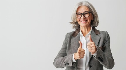 Smiling older mature businesswoman employer showing thumbs up like hand gesture standing