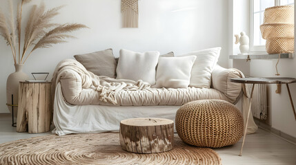 Modern living room interior design: bohemian, farmhouse, country. Beside the sofa with beige pillows is a knitted pouffe and a side table made of tree stumps. - obrazy, fototapety, plakaty
