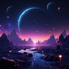 A beautiful, colorful, and serene space scene with a large planet in the background. The sky is filled with stars and the water is calm