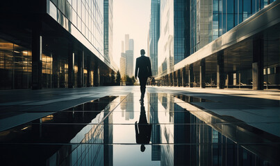 Successful businessman walking down the business centrum, reflective skyscrapers around