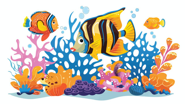 Cartoon tropical fish with beautiful underwater world