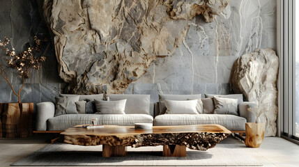 Modern living room interior design in Japandi style. Coffee table with a live edge next to a sofa and a stone wall backdrop.