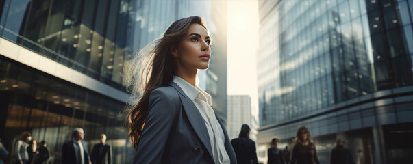 Successful businesswoman walking down the business centrum, reflective skyscrapers around. - obrazy, fototapety, plakaty
