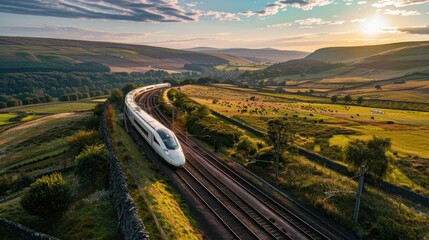 A train is traveling down a track through a field
