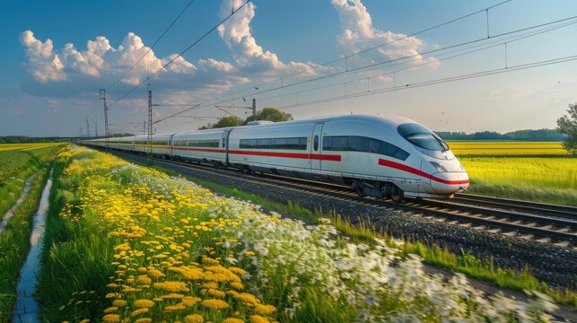 A train is traveling down the tracks next to a field of yellow flowers